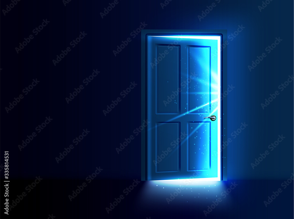 Ajar door with light and rays coming out of the gap. Vector