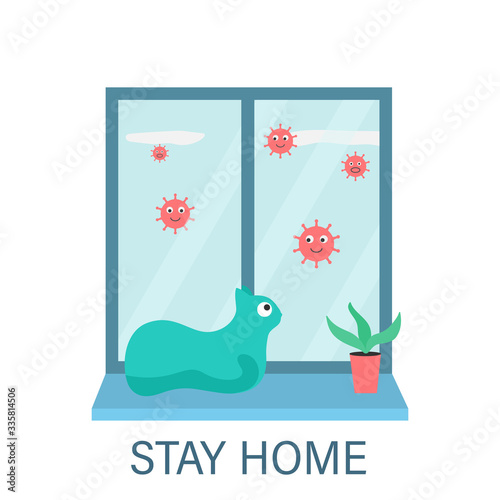 Cat is sitting on the windowsill. Covid-19, Coronavirus. Stay at home. Vector illustration.
