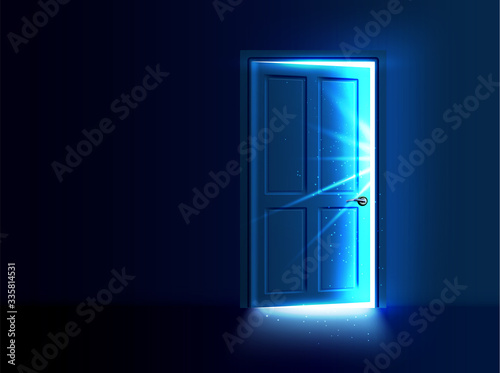 Ajar door with light and rays coming out of the gap. Vector illustration.