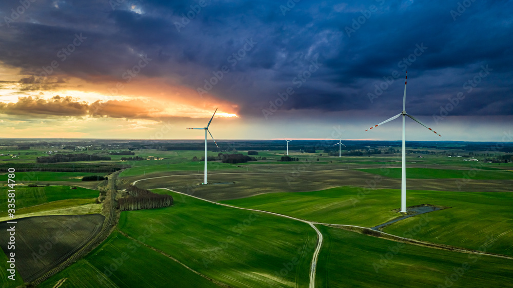 Wonderful wind turbines at dusk, aerial view