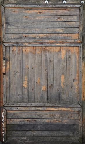 Old wooden door (gate). Paint peels off and rotting of the boards begins.