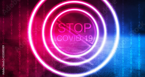 Abstract coronavirus background. Neon pathogen on a dark background. Covid-19.