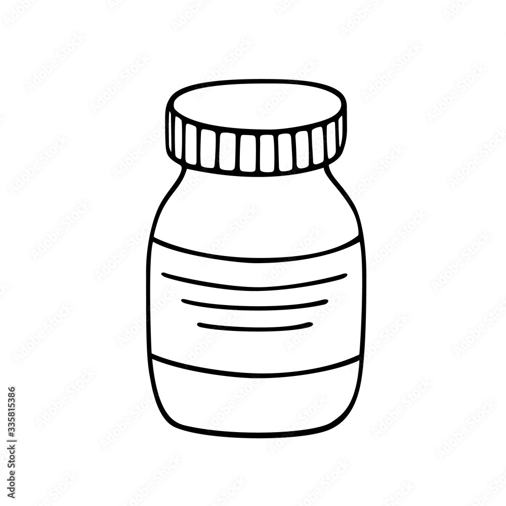 Vector icon of medical container with pills or syrup hand-drawn with black stroke isolated Vector icon of medical container with pills or syrup hand-drawn with black stroke isolated