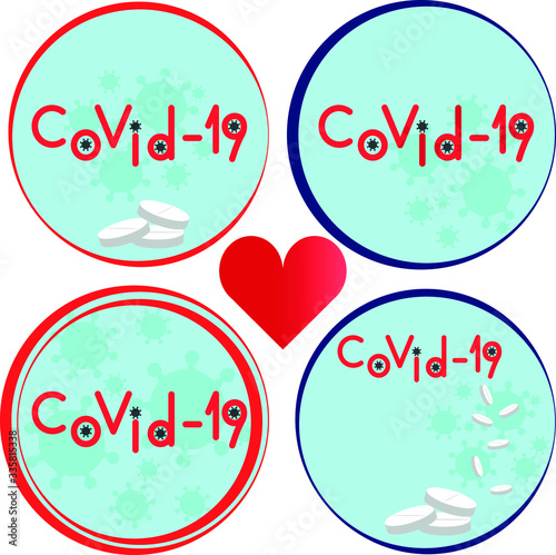 Pandemic coronavirus epidemic COVID-19. Medical pattern isolated set of round petri dish symbol icons logos with virus molecules on the surface, antiviral pills and the inscription text in English