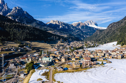 Winter landscape of Pozza di Fassa, a commune in Trentino at the northern Italia. Val di Fassa, Dolomiti