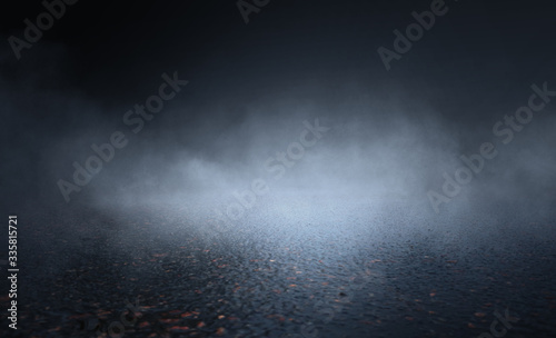 Dark abstract scene background. Moonlight reflection on the pavement. Smoke, smog and fog