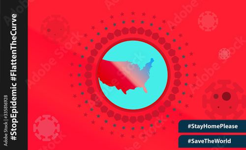 Usa national flag and virus icons background.spread of covid-19 epidemic,virus outbreak illustration.Design banner for coronavirus covid with usa contour social media post for quarantine stay home