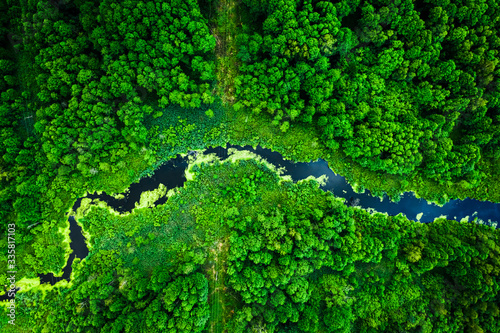 Amazing blooming algae on the river, flying above