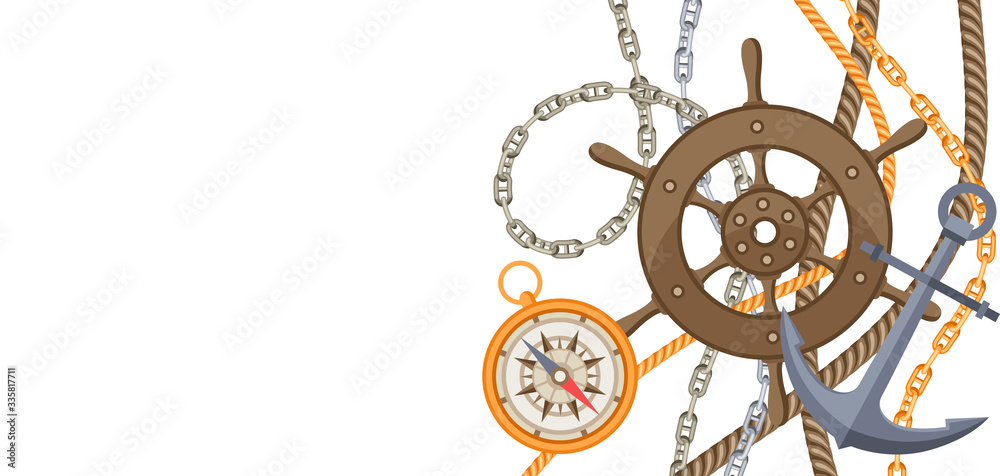 Obraz premium Nautical background with sailing items, ropes and chains.
