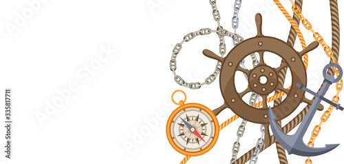 Nautical background with sailing items, ropes and chains.