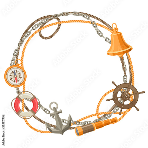 Nautical frame with sailing items, ropes and chains.