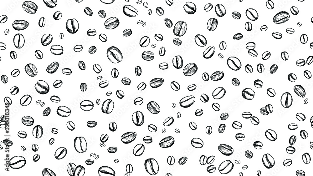Coffee bean seamless background. Pattern with falling coffee beans. Food doodle sketch backdrop