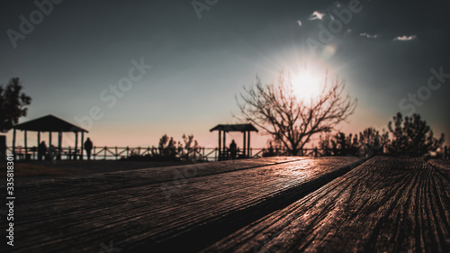 Sunset in the city over a table