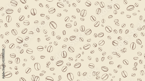 Coffee bean seamless background. Pattern with falling coffee beans. Food doodle sketch backdrop