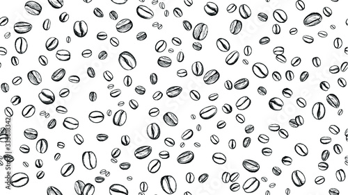 Coffee bean seamless background. Pattern with falling coffee beans. Food doodle sketch backdrop