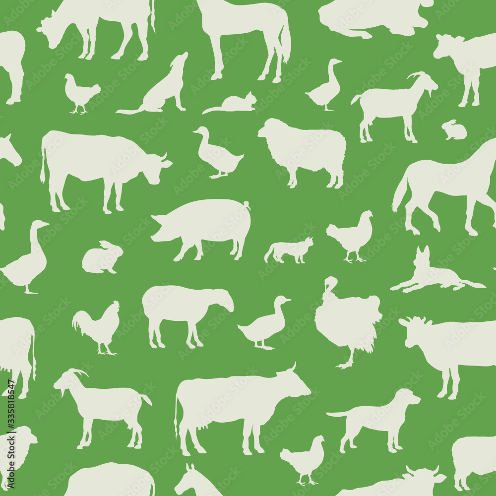 Livestock seamless pattern. Farm animals background. Farm animals silhouette vector set.