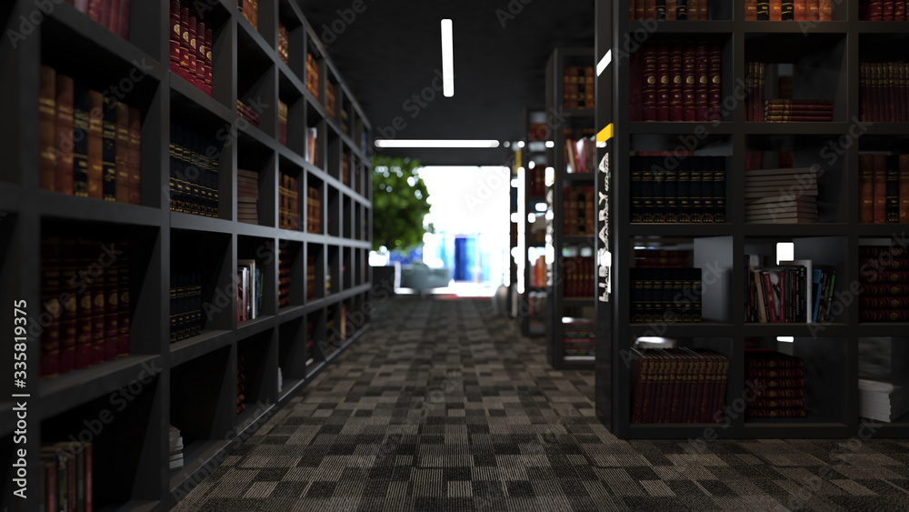 Modern library design consisting of black bookcases 3D rendering