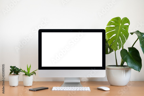 Blank screen of All in one computer, keyboard, mouse, monstera plant pot and small plant pots  on wooden table photo