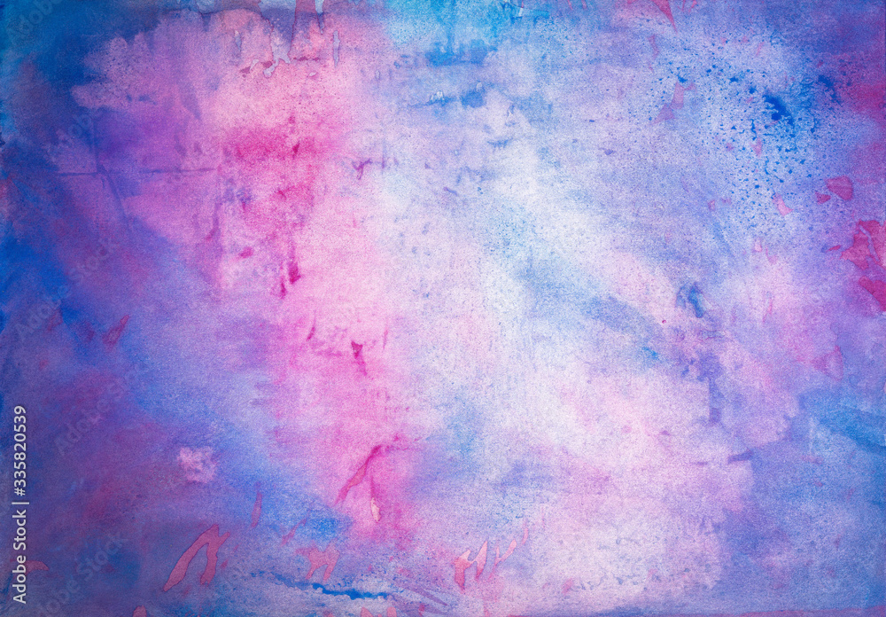 Blurred watercolor painted heavenly or outer space in blue and pink colors. Watercolor drawing