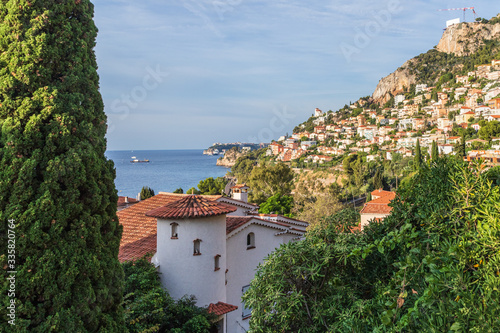 View of the perched fortified medieval village overlooking Roquebrune-Cap-Martin and the Mediterranean Sea on the French Riviera