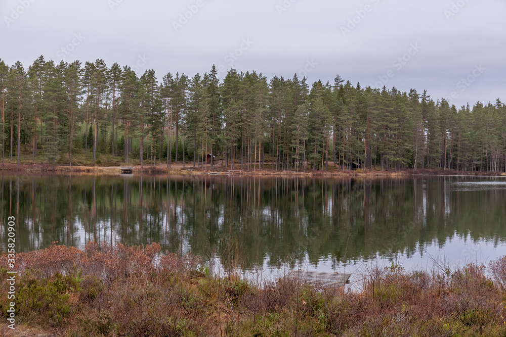 Autumn landscape. Sweden. Lake, calm water, forest reflection in the water clouds
