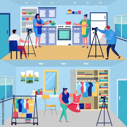 Video blogger vector illustrations. Cartoon woman character in apron cooking food, people streaming blog content, flat beauty vlogger make fashion video. Social media vlog show advertising background