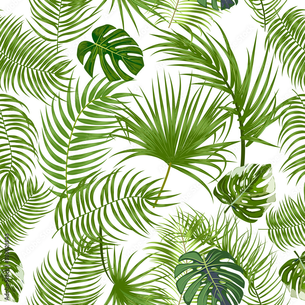 Vector tropical jungle seamless pattern with palm trees leaves and monstera