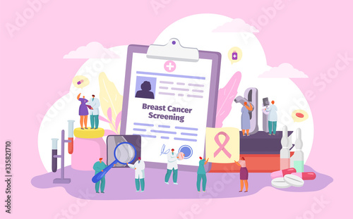 Breast cancer screening vector illustration. Cartoon flat patient and doctor tiny characters with ribbon, mammography examination on mammogram scan machine in hospital. Woman health medicine concept © creativeteam