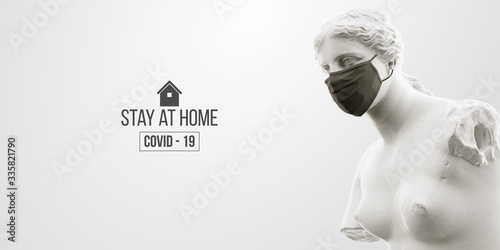 Novel coronavirus COVID-2019. White statue of Venus symbolizes masked man on a white background. Virus 2019-nCoV logo. Stay at home challenge. Medical mask and virus protection. Vector illustration