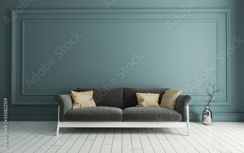 Grey seat with Modern classic green wall panels and white wooden floor 3D rendering