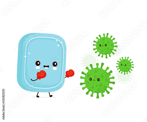 Cute happy smiling soap fight with virus