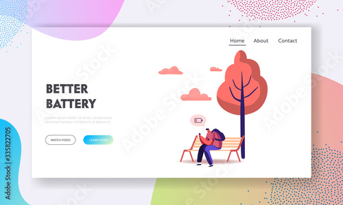 Sad Man Sitting on Bench in Park with Smartphone Show Low Battery Indicator Landing Page Template. Character Chatting in Social Media Network Need to Charge Cellphone. Cartoon Vector Illustration