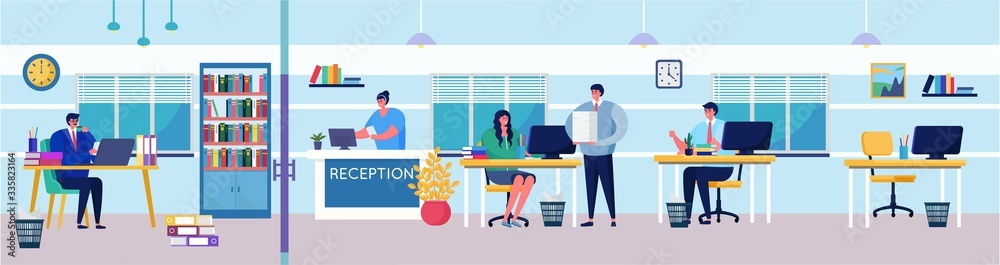 Business people in working process activity vector illustration. Cartoon flat man woman employee, boss character sitting at table in office interior, businessman planning, solving work task on laptop