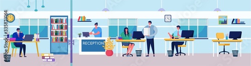 Business people in working process activity vector illustration. Cartoon flat man woman employee, boss character sitting at table in office interior, businessman planning, solving work task on laptop