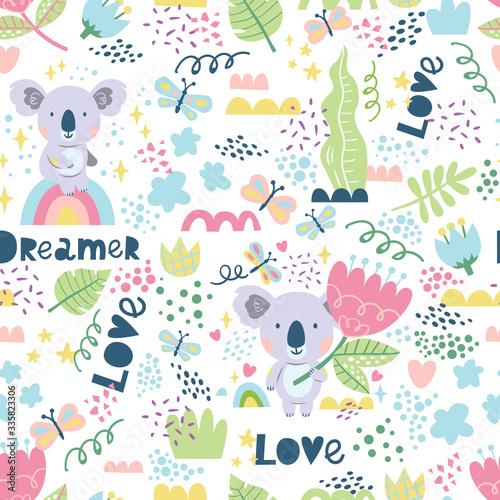 Canvas Print Vector pattern with koalas with the inscription Dreamers and Love