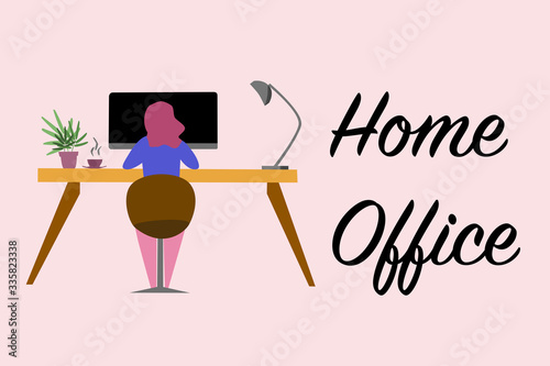 Home office work from home, illustration of woman working on desktop computer vector stylish coworking example
