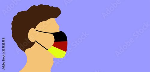Fototapeta Naklejka Na Ścianę i Meble -  Man wearing Germany flag colors surgical mask to prevent COVID-19 and other viruses. Protection against viral infections, pollution, smog. Male head silhouette in a medical mask with copy space.