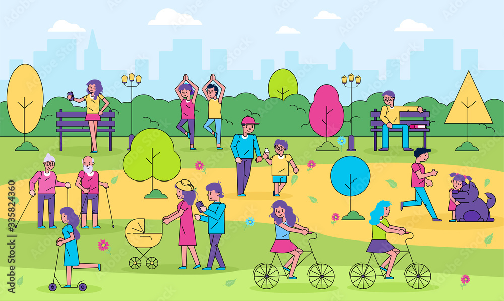 Naklejka premium People in city park outdoor activity vector illustration. Cartoon active line flat woman man characters have fun walking together, do sport exercises, cycling, resting. Healthy lifestyle background