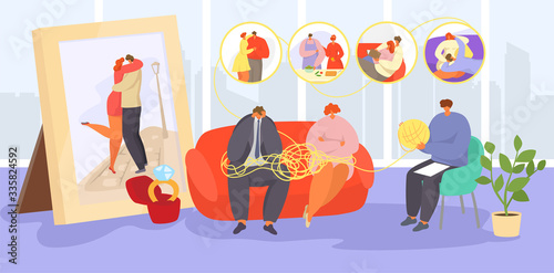 Couple on psychotherapy vector illustration. Cartoon sad adult family people visit psychotherapist, flat character counseling doctor for advice, help in emotional problem. Psychologist therapy support