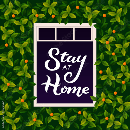 Vector illustration with Stay at home lettering text in open window. An inscription urging people to stay at home during the epidemic. COVID-19
