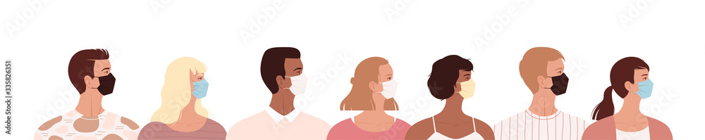 Group of people in different medical masks to protect against diseases, colds, flu and a new virus. Banner with people Group of people in different medical masks to protect against diseases, colds, flu and a new virus. Banner with people