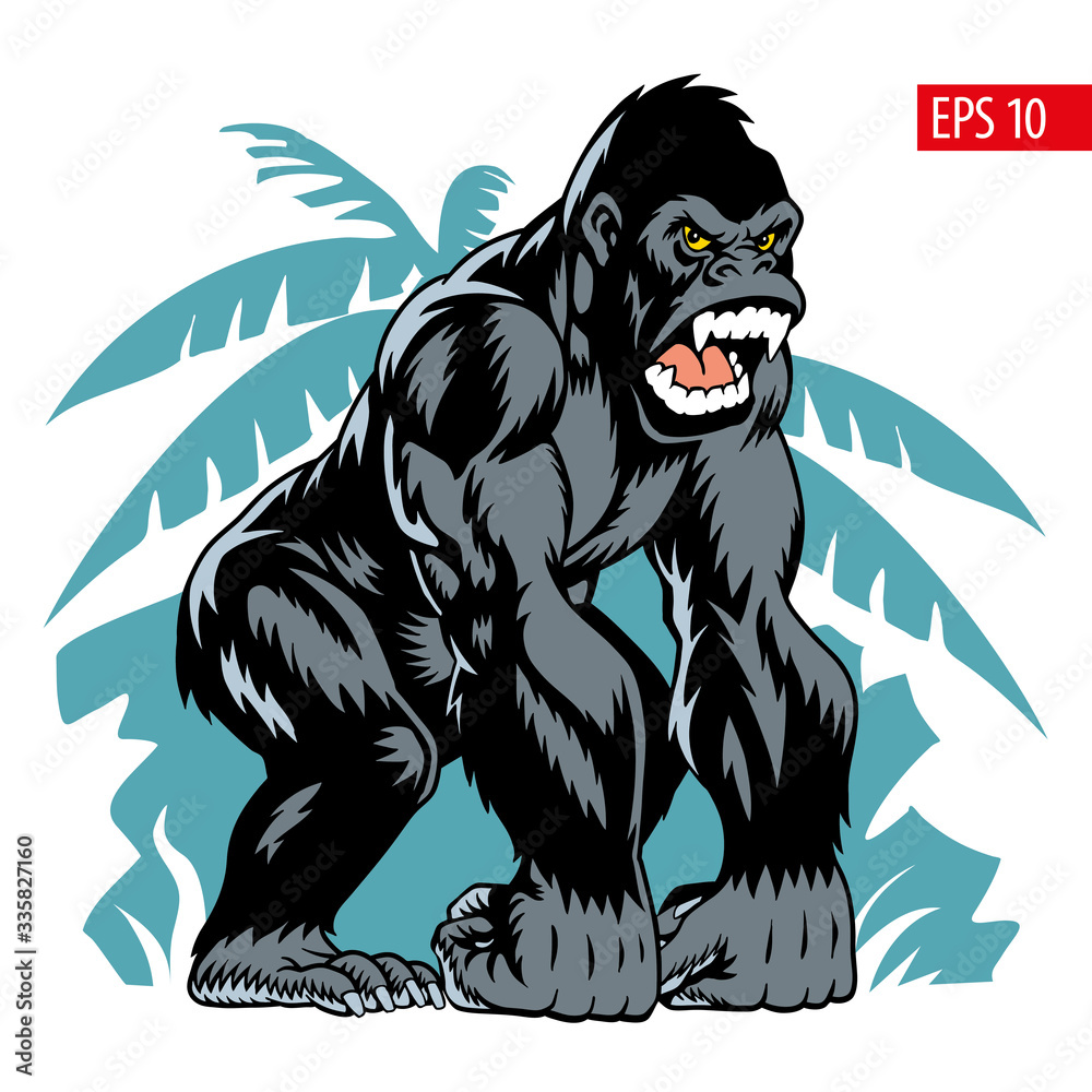 Fototapeta premium Gorilla on a jungle background, vector illustration.