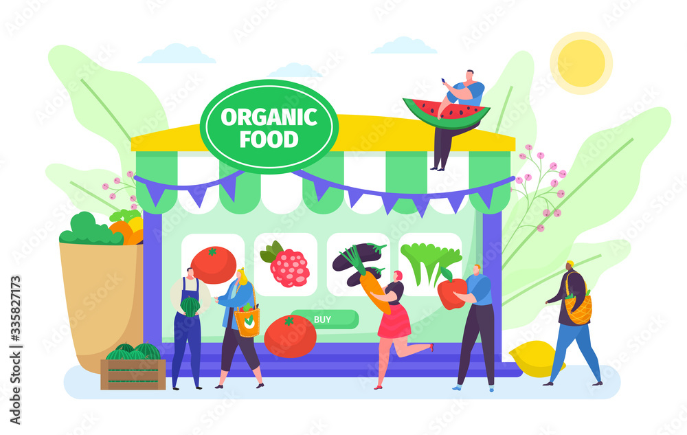 Buy Online Organic Food Vector Illustration Cartoon Flat Tiny People Buying Vegetables Or Fruits Farm Agricultural Products On Internet Market Buyer Character Using Computer App Isolated On White Vector De Stock