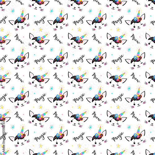 Cute Unicorn Cat Head with Floral Wreath and Lettering Seamless Pattern for Kids. Magic Caticorn, Kittycorn Nursery Wallpaper. Magical Kitten Face with Flower Unicorn Horn and Funny Hair Bangs
