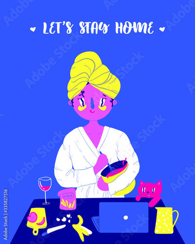 Minimalistic hand drawn illustration of women cooking in robe and towel on head after bathing. Let's stay home during quarantine outbreak. Cute cat is watching. Girl is cooking and watching a movie.