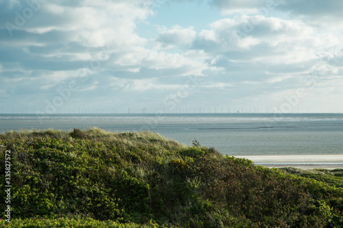 Windräder am Horizont am Strand in Dänemark