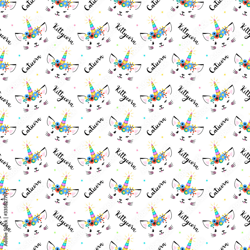 Cute Unicorn Cat Head with Floral Wreath and Lettering Seamless Pattern for Kids. Magic Caticorn, Kittycorn Nursery Wallpaper. Magical Kitten Face with Unicorn Horn and Flower Crown Vector Background
