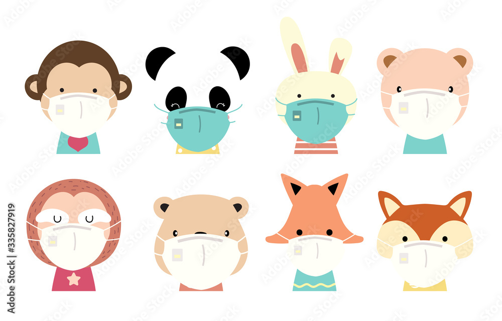 Cute animal object collection with giraffe,fox,panda,monkey,rabbit,sloth,bear wear mask.Vector illustration for prevention the spread of bacteria,coronviruses Cute animal object collection with giraffe,fox,panda,monkey,rabbit,sloth,bear wear mask.Vector illustration for prevention the spread of bacteria,coronviruses