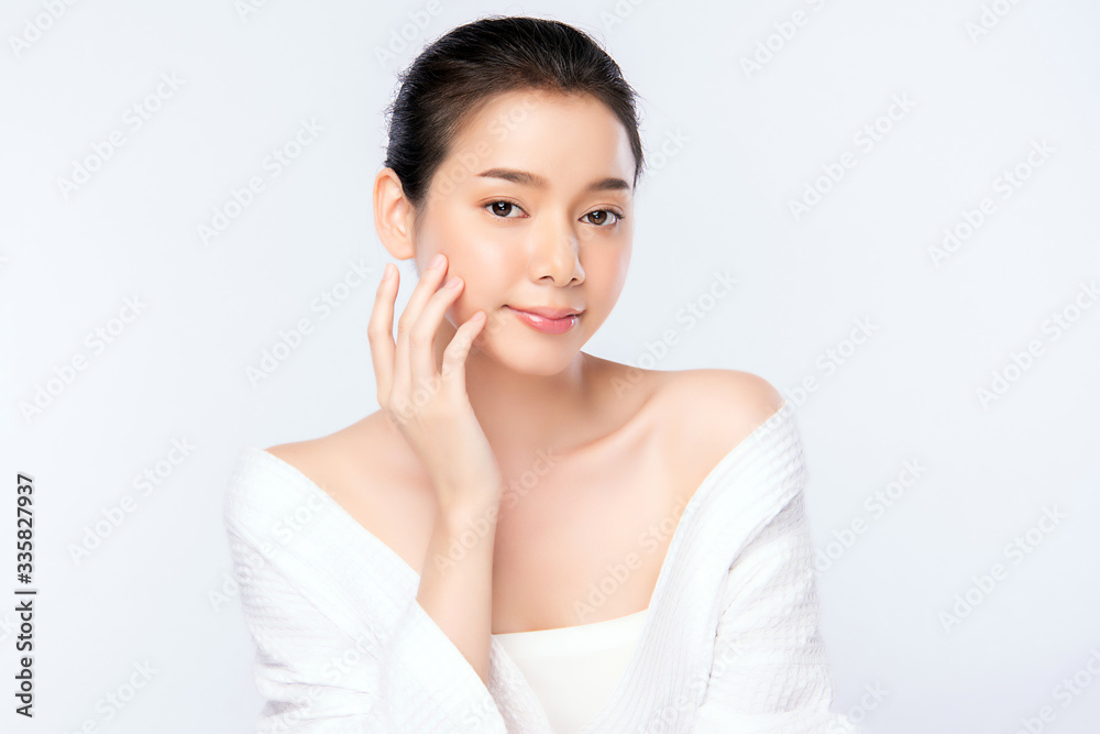 Beautiful Young Asian Woman with Clean Fresh Skin. Face care, Facial treatment, Cosmetology, beauty and healthy skin and cosmetic concept, woman beauty skin isolated on white background Beautiful Young Asian Woman with Clean Fresh Skin. Face care, Facial treatment, Cosmetology, beauty and healthy skin and cosmetic concept, woman beauty skin isolated on white background