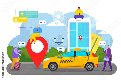 Online car service app vector illustration. Flat cartoon tiny people order taxi cab using smartphone, client sharing point location on city map. Mobile ordering transport concept isolated on white